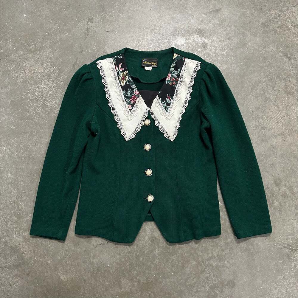 Vintage 1970s Matthew & David Green Cardigan Sweater Floral Lace Collar Size 14